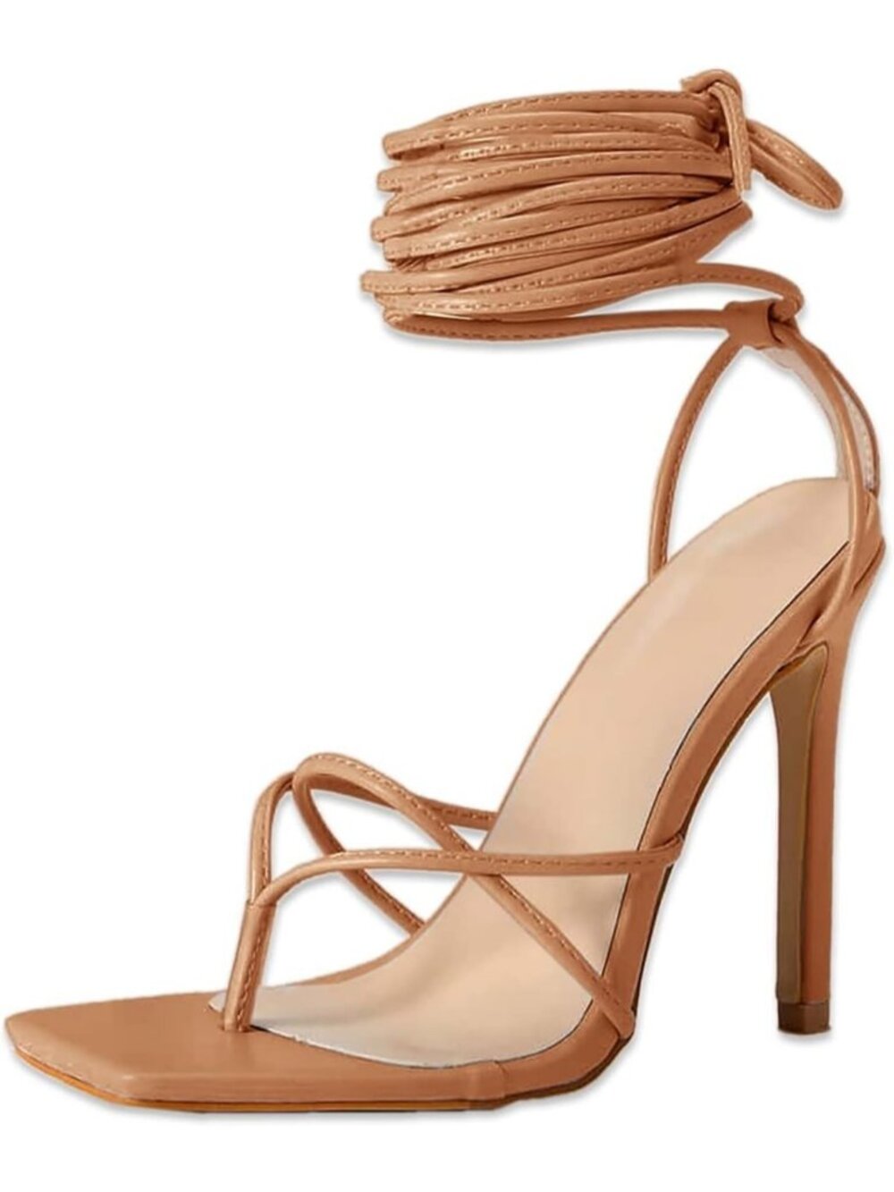 Women's Taupe Lace Up Heeled Sandals Square Flip Flop High Heels Strappy Shoes